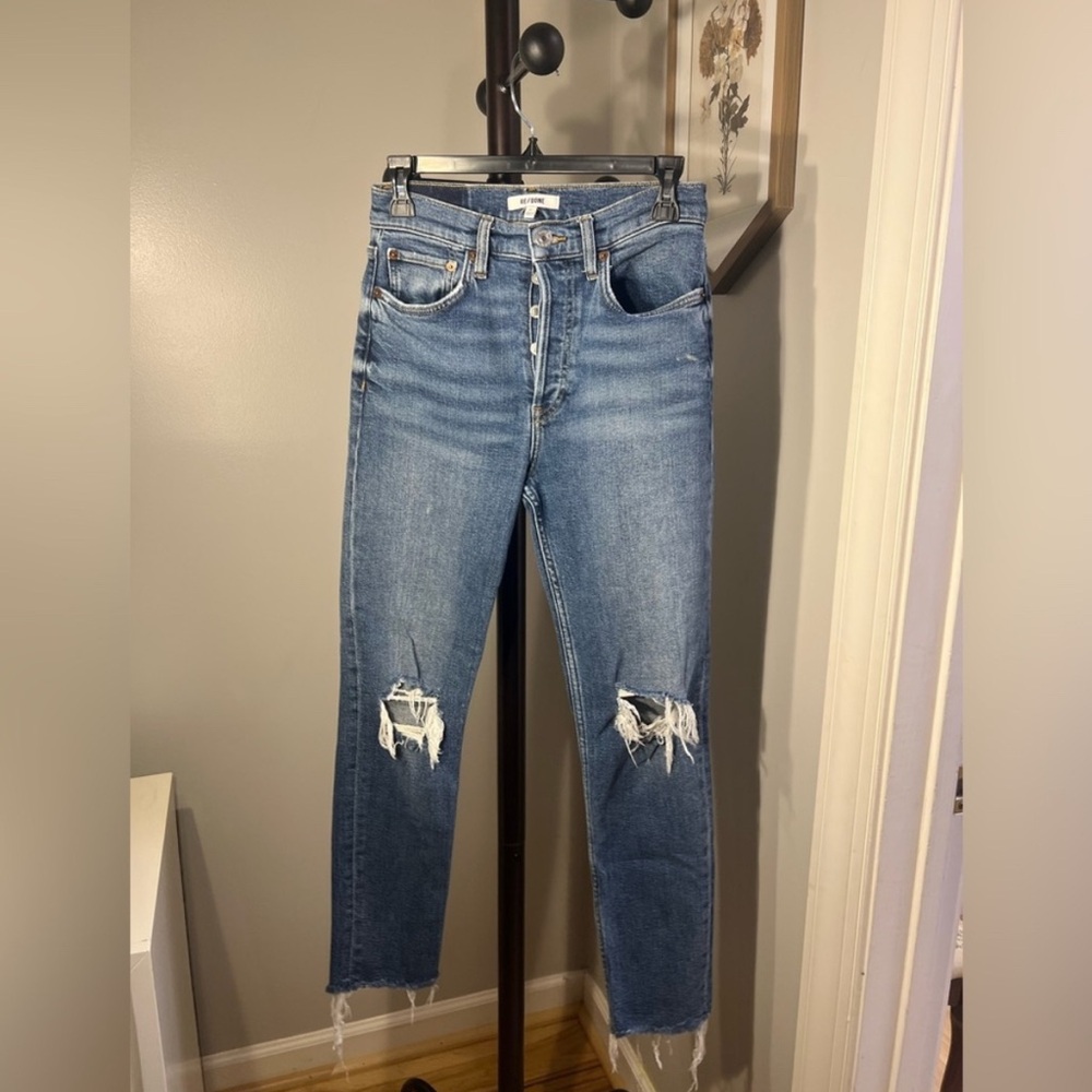 Re/Done 90s High Rise Ankle Crop Womens Jeans Size 27 Distressed Blue Denim